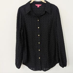 Lilly Pulitzer Sea Breeze Eyelet Top Button Front Collared Sheer Black XL